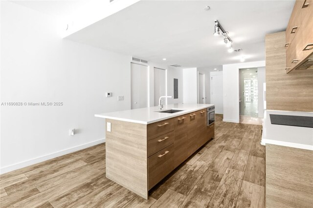 kitchen with a sink, light wood-style floors, a kitchen island with sink, modern cabinets, and light countertops