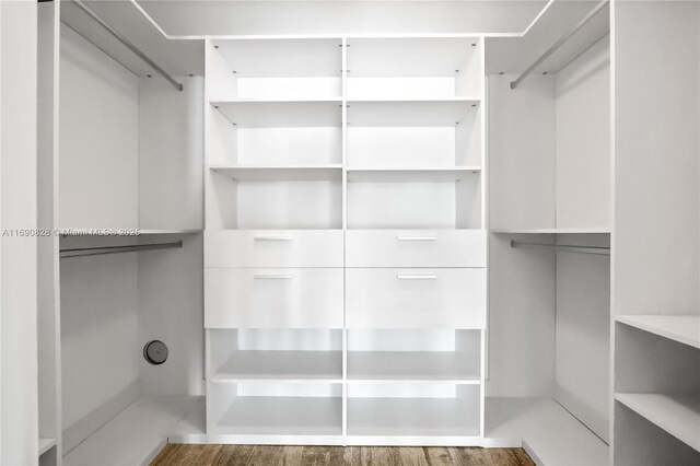 walk in closet with wood finished floors