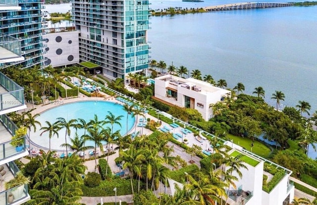 drone / aerial view featuring a water view