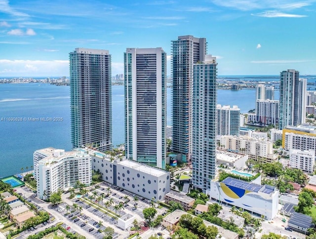 drone / aerial view with a city view and a water view