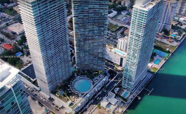 birds eye view of property featuring a water view