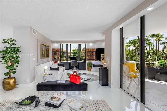 living room with a textured ceiling