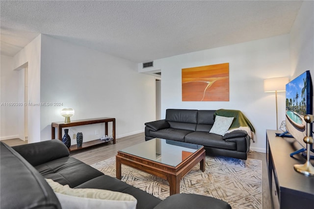 living room with a textured ceiling and light hardwood / wood-style flooring