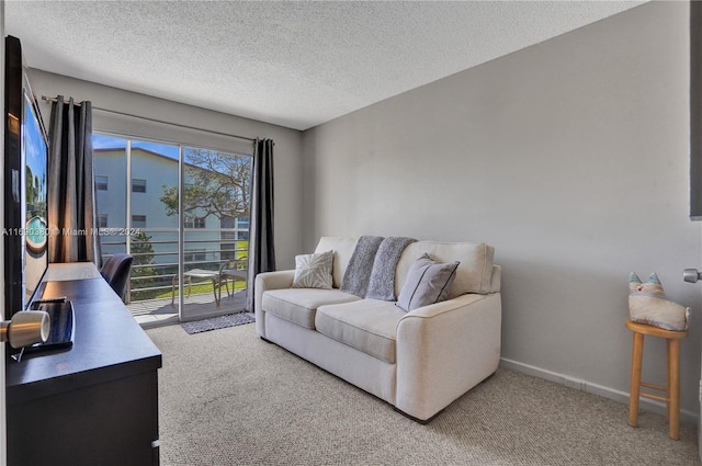 carpeted living room with a textured ceiling