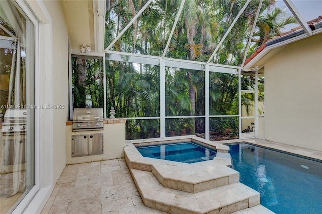 view of swimming pool featuring a grill and an in ground hot tub