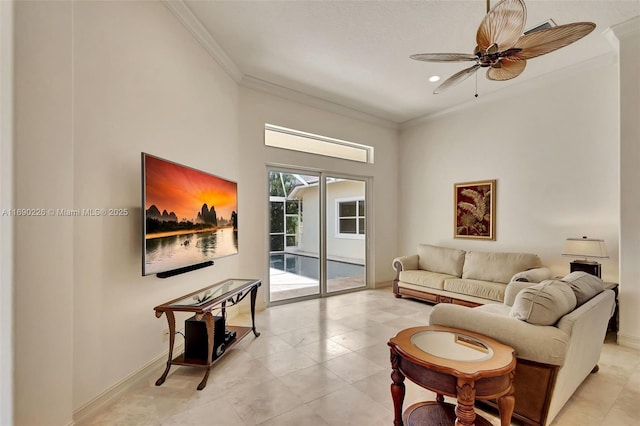 living room with ceiling fan and crown molding