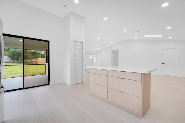 interior space with vaulted ceiling and light hardwood / wood-style floors