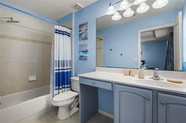 full bathroom featuring toilet, tile patterned floors, shower / bath combo, and vanity