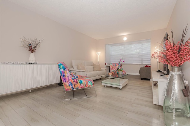 living area with a textured ceiling, baseboards, and wood finished floors