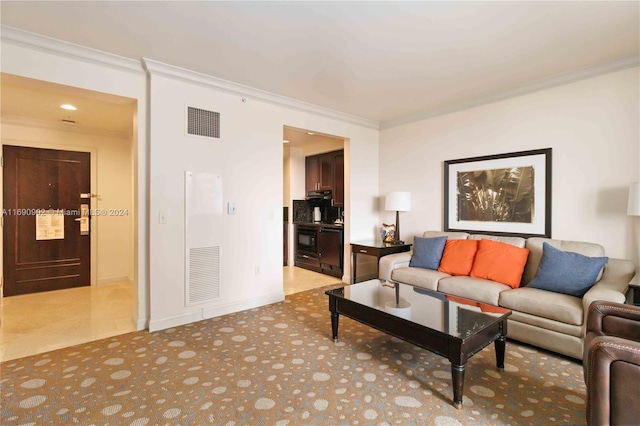 living room featuring light tile patterned flooring and ornamental molding