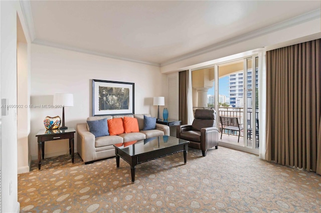 carpeted living room with ornamental molding