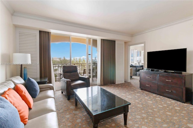 living room with ornamental molding