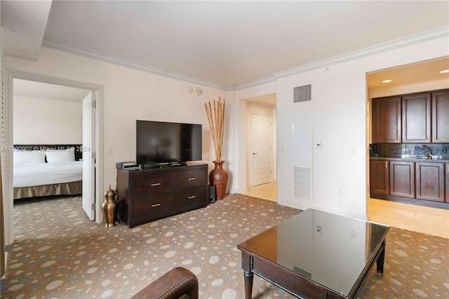 living room with ornamental molding and sink