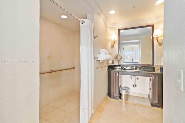 bathroom with tile patterned floors, sink, ornamental molding, and a shower with shower curtain