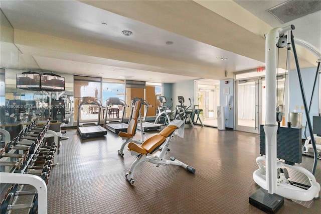 gym with french doors