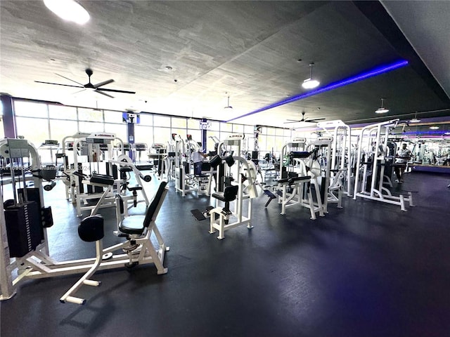 workout area with ceiling fan