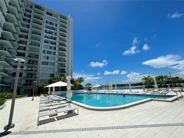 view of swimming pool with a patio area