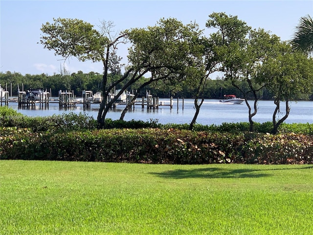 view of home's community featuring a water view and a yard