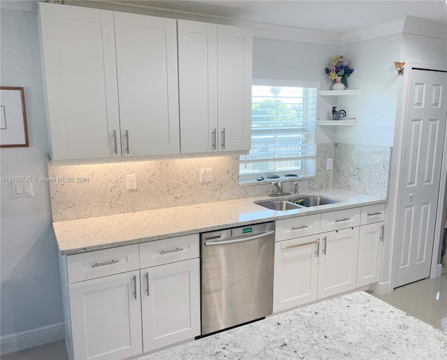 kitchen featuring white cabinetry, dishwasher, crown molding, and sink