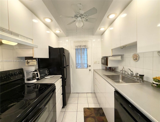 kitchen featuring white cabinetry, light tile patterned floors, sink, dishwasher, and black range with electric stovetop