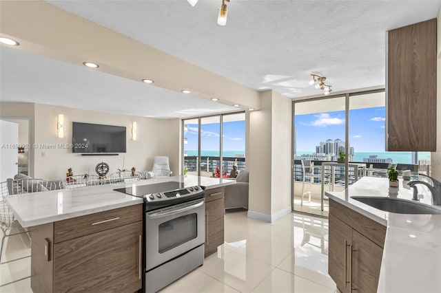 kitchen featuring stainless steel electric range, a healthy amount of sunlight, sink, and floor to ceiling windows