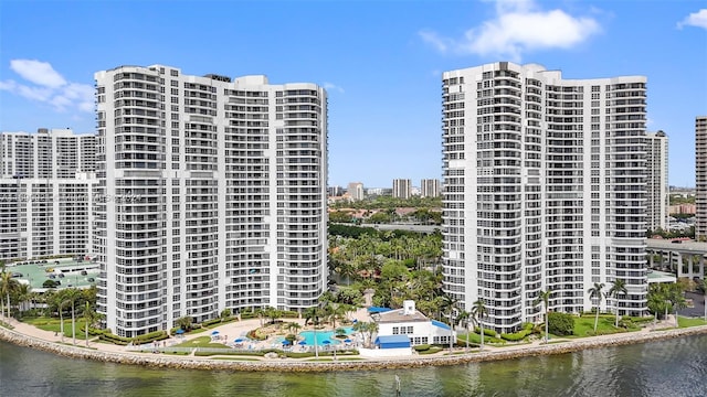 view of building exterior featuring a water view