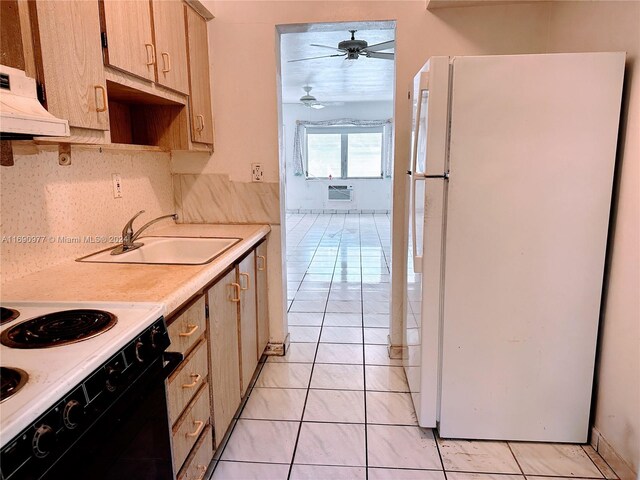 kitchen featuring sink, light brown cabinets, ceiling fan, white appliances, and exhaust hood