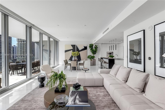 living room with expansive windows and sink