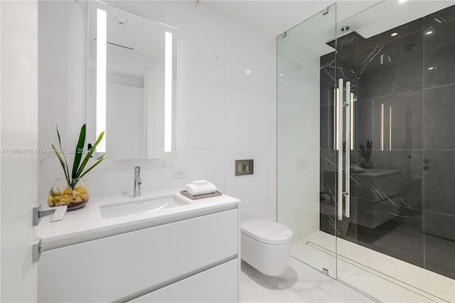 bathroom with toilet, vanity, tile walls, and walk in shower