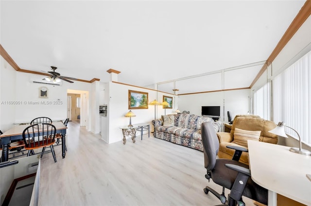 living room featuring crown molding, ceiling fan, and light hardwood / wood-style floors