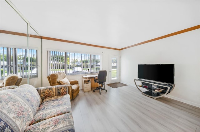 home office with light hardwood / wood-style flooring, crown molding, and plenty of natural light