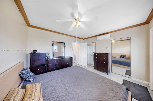 bedroom with ornamental molding, a wall mounted AC, and ceiling fan