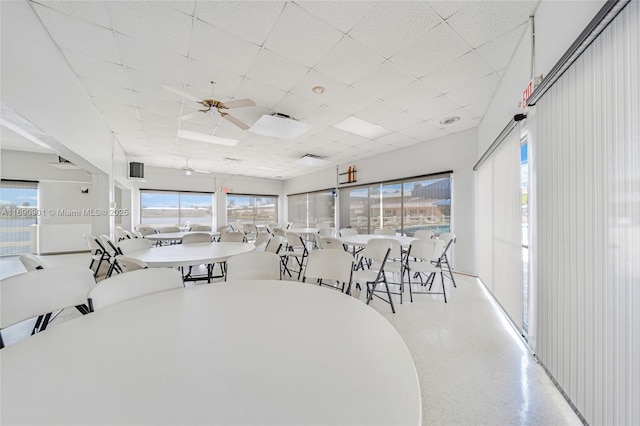 dining area with ceiling fan, a healthy amount of sunlight, and a drop ceiling