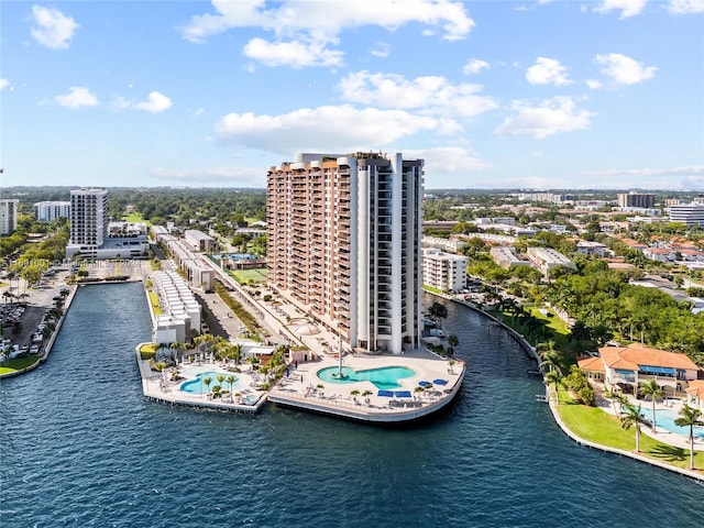 drone / aerial view with a water view