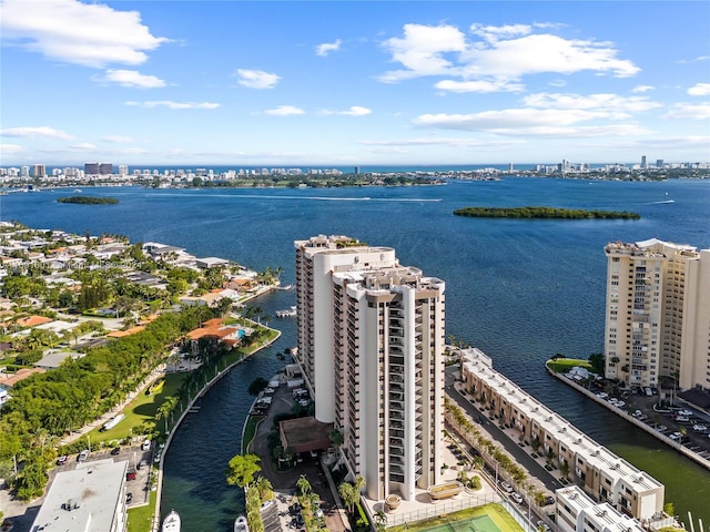 drone / aerial view with a water view