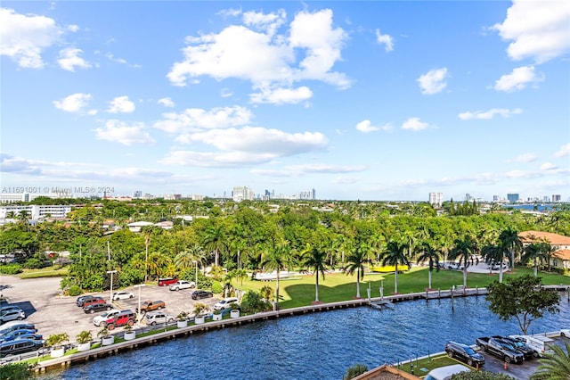 drone / aerial view with a water view