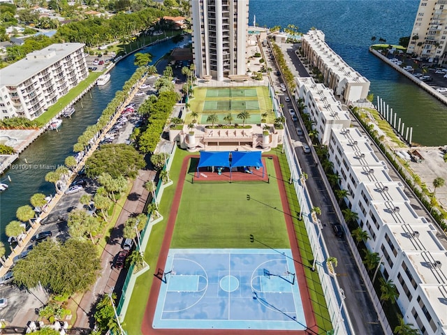 birds eye view of property featuring a water view