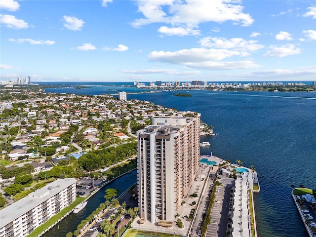 drone / aerial view featuring a water view