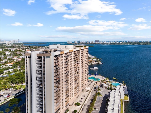 birds eye view of property featuring a water view