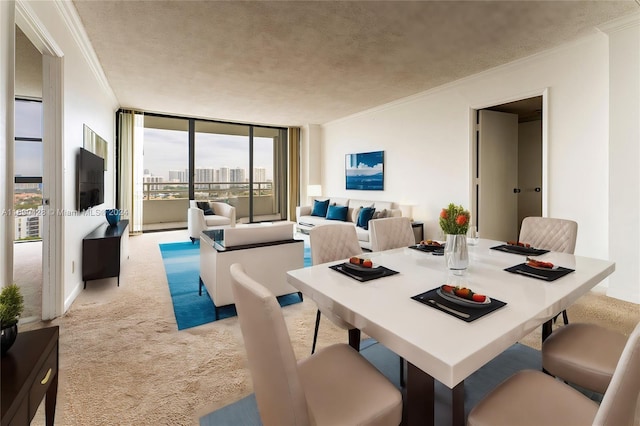 dining room featuring floor to ceiling windows, a textured ceiling, light carpet, and crown molding