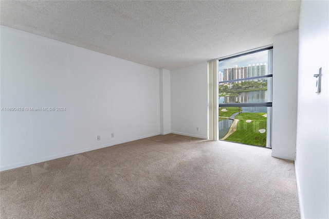 carpeted empty room featuring a water view and a textured ceiling