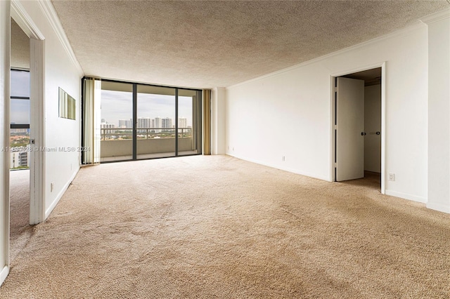 carpeted empty room with ornamental molding, expansive windows, and a textured ceiling