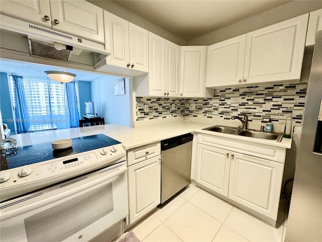 kitchen featuring white cabinetry, light tile patterned floors, white electric stove, sink, and stainless steel dishwasher