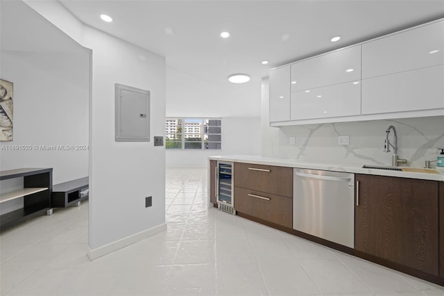 kitchen featuring electric panel, tasteful backsplash, dark brown cabinets, white cabinets, and dishwasher