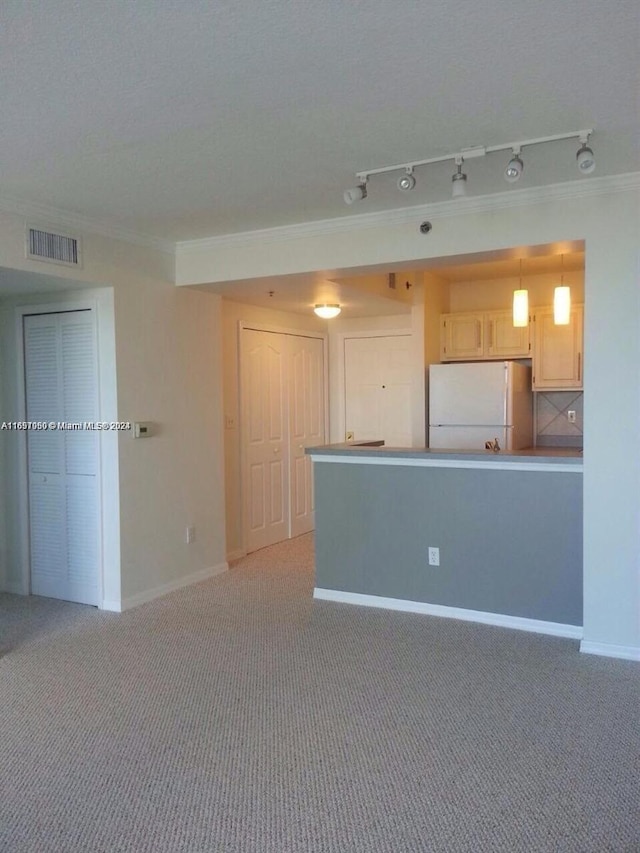 unfurnished living room featuring rail lighting, a textured ceiling, ornamental molding, and carpet floors