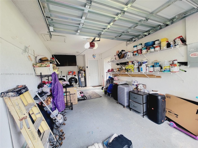 garage with electric water heater and a garage door opener