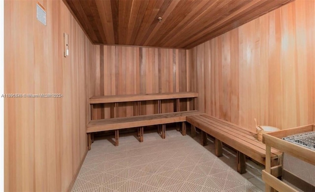 view of sauna featuring wood walls and wooden ceiling