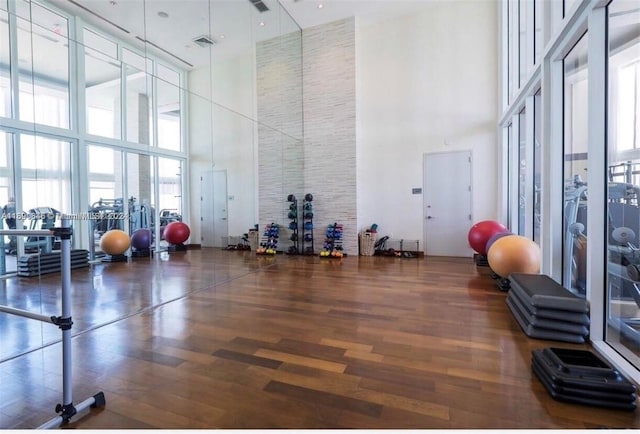 workout area featuring dark wood-type flooring, a healthy amount of sunlight, and a towering ceiling