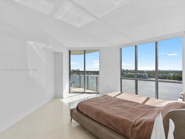 bedroom with a wall of windows and multiple windows