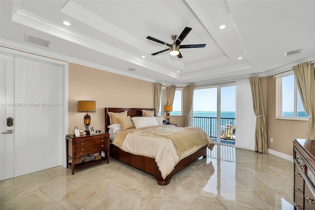 bedroom with access to outside, a water view, ceiling fan, crown molding, and a raised ceiling